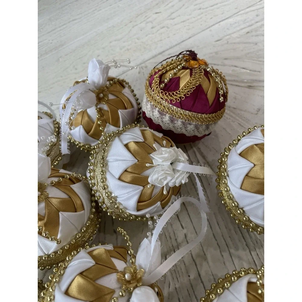 Vtg Handmade Folded Star Quilted Fabric Christmas Ornaments Gold White Lot of 10